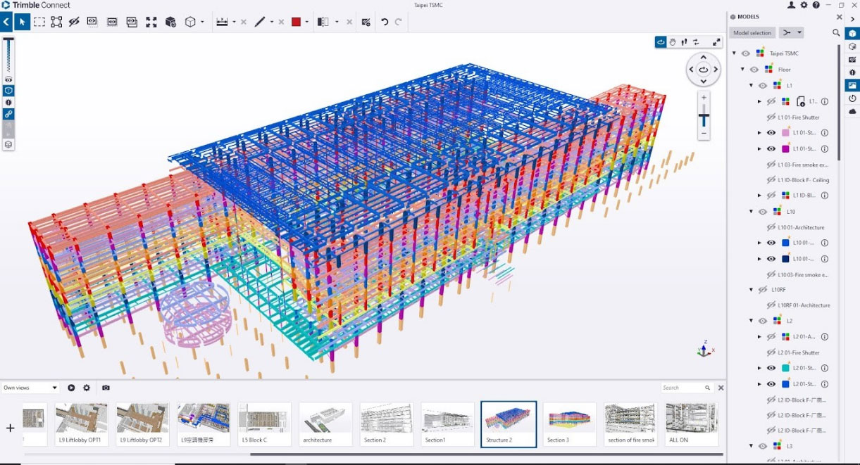 digital twin interface in Trimble Connect displaying the virtual representation of a multi-tiered building structure